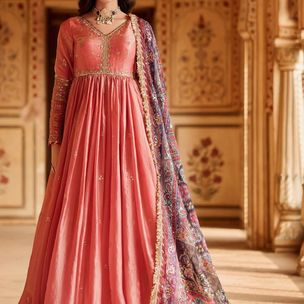 Elegant Lashkaraa Coral Anarkali